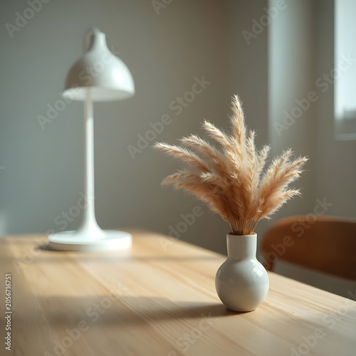 A cozy, close-up shot focusing on a small white vase filled with natural, beige pampas grass, placed on a warm wooden dining table. The background is softly blurred, revealing a tall, white minimalist