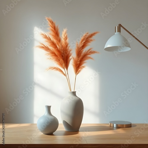 A bright and airy minimalist scene showcasing a tall, white ceramic vase containing soft, peach-terracotta colored pampas grass. A smaller, matching white vase sits next to it on a clean white table. 
