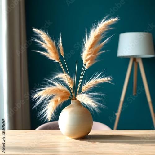 A vibrant and stylish composition featuring a round, matte cream-colored vase filled with fluffy, golden-beige pampas grass. The arrangement is set against a deep teal or dark turquoise wall, creating