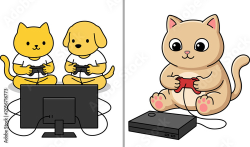 Photos Cartoon illustration of cats and dog playing video games with controllers, showing multiplayer and solo gaming scenarios