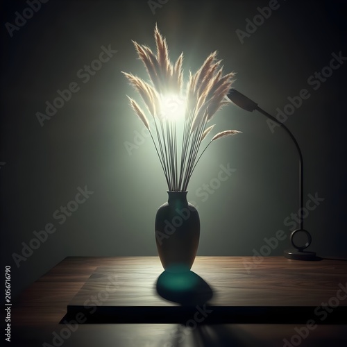 A dramatic and moody image showcasing a dark silhouette of a vase with dried pampas grass, illuminated by a striking spotlight from directly behind the arrangement. The bright backlight creates a glow