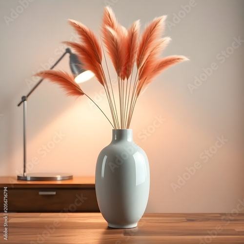 An elegant, warm-toned indoor shot featuring a glossy, light grey-blue ceramic vase holding a bouquet of fluffy, peach-orange pampas grass. The vase sits on a light-colored wooden table or countertop.