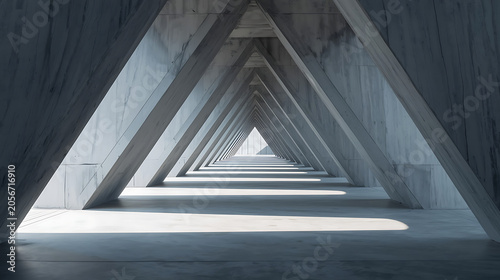 This is a 3D rendering of a modern concrete industrial corridor featuring a triangular tunnel design