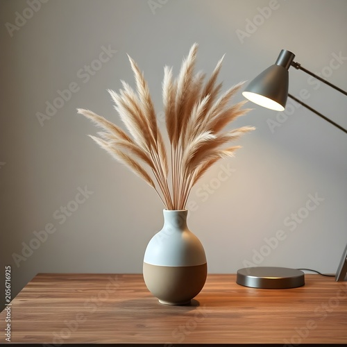 A white ceramic vase filled with abundant beige pampas grass is placed on a wooden surface beneath a modern adjustable lamp. The soft neutral color palette and minimalist composition create a calm, el