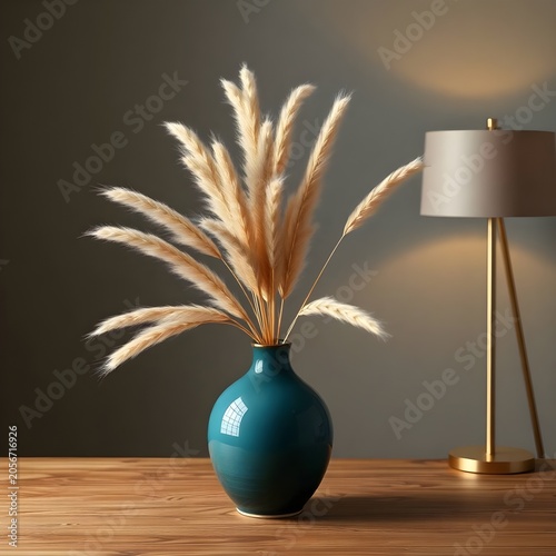 A turquoise ceramic vase filled with soft beige pampas grass is showcased against a dark background. Warm lighting from a floor lamp enhances the dramatic and elegant mood, creating a luxurious interi