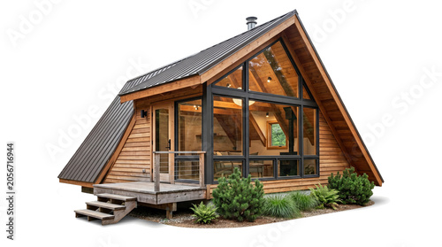 Bild auf Leinwand Modern A-frame cabin with glass front and timber roof isolated on transparent ba