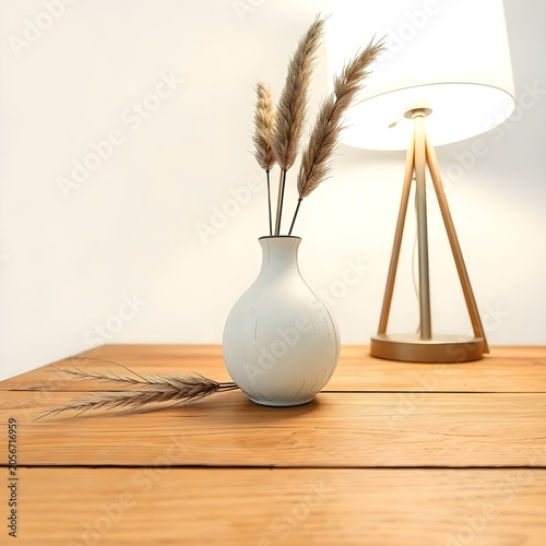 A simple white ceramic vase with dried pampas grass stands on a wooden table beside a modern tripod floor lamp. The clean composition and soft neutral tones create a peaceful and inviting interior dec