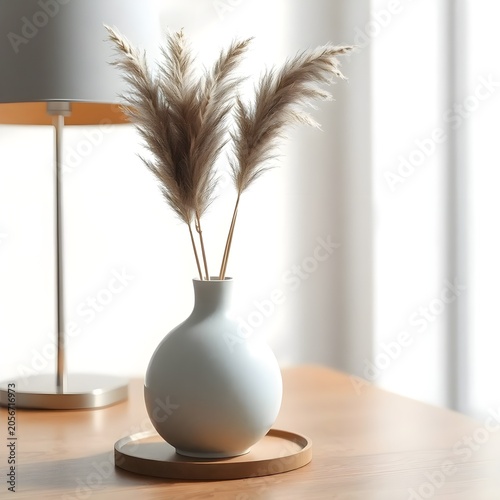 A rounded gray ceramic vase holding fluffy pampas grass sits on a light wooden surface. The bright sunlight streaming through the background creates a soft and peaceful ambiance, highlighting the text