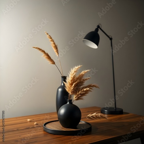 A sophisticated still-life arrangement featuring two black ceramic vases filled with pampas grass placed on a wooden surface. A sleek black floor lamp stands beside the vases, while soft lighting crea