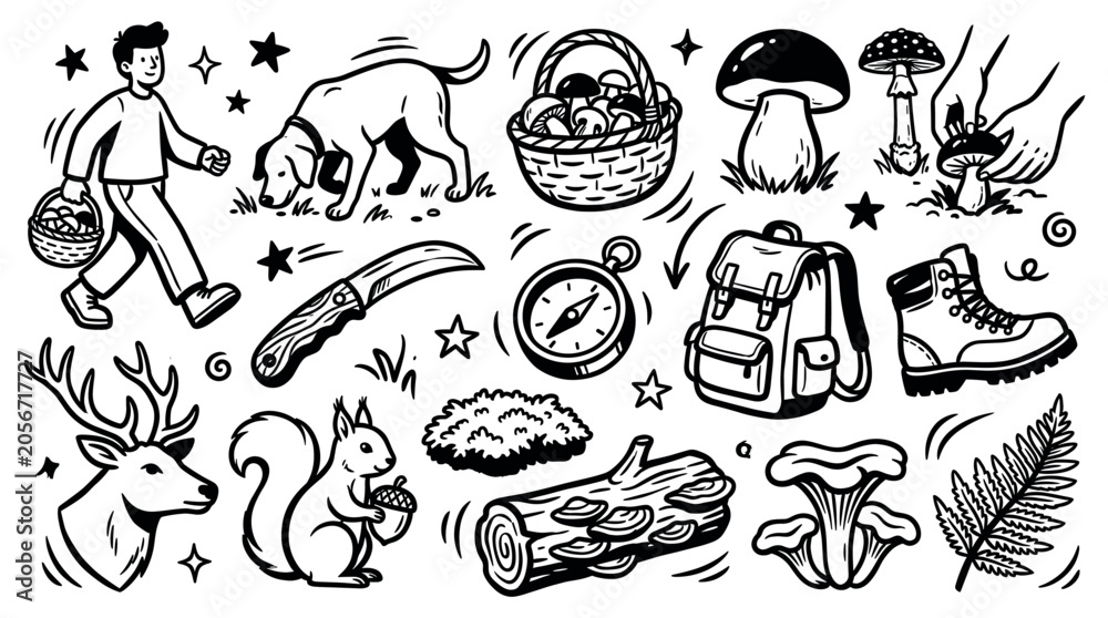 Obraz premium Hand-drawn black and white doodle set illustrating a mushroom hunter with dog, basket, knife, compass, backpack, boot, deer, squirrel, log, and fern on a clean white background