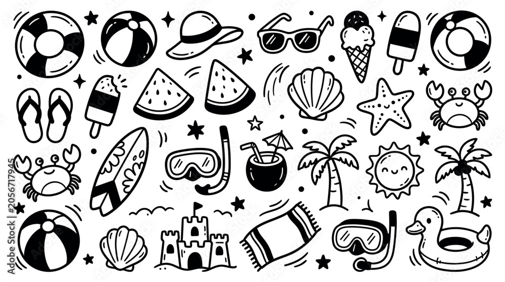 Fototapeta premium Collection of hand-drawn summer vacation doodles in black and white, including beach balls, flip-flops, and ice cream on a clean background