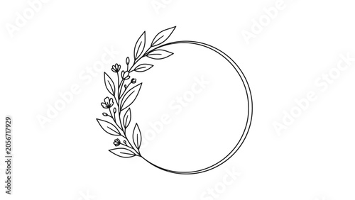 Delicate black line art floral leaf wreath border frame, isolated white background