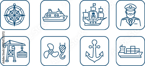 Cuadro en lienzo Blue outlined maritime icons including cargo ship, passenger ship, pirate ship,