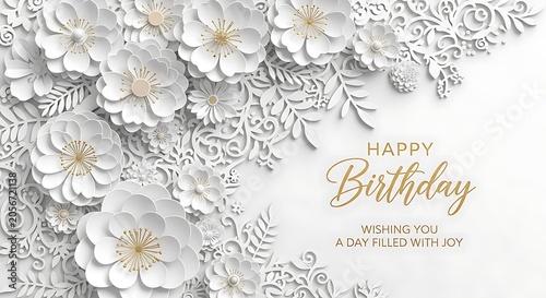 Beautiful white paper cutout flowers with gold accents on birthday card with text
