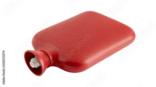A red hot water bottle with a stopper on a white background