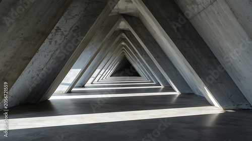 This is a 3D rendering of a modern concrete industrial corridor featuring a triangular tunnel design