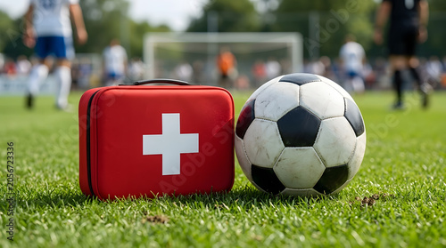 First aid kit and soccer ball on grass field for sports injury and safety. Generative AI image