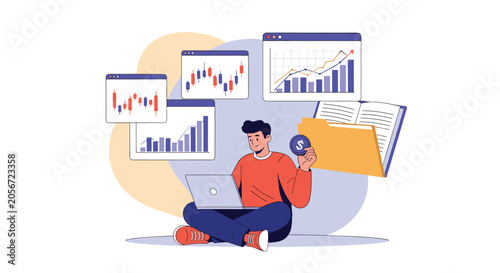Professional young investor sitting with laptop and analyzing financial stock market charts and folders online.