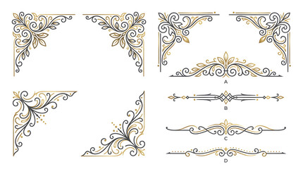 Elegant Ornamental Corner Flourishes and Decorative Borders in Gold and Gray