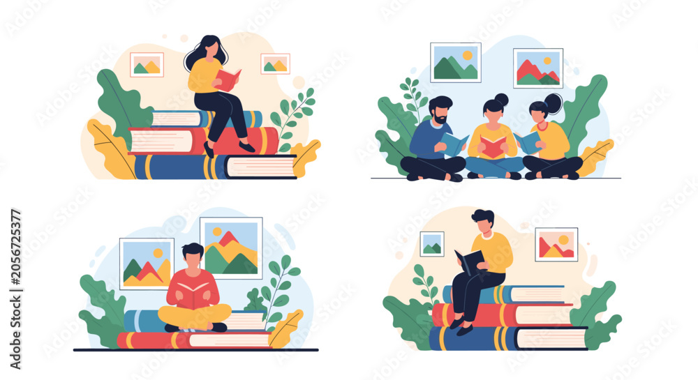 Fototapeta premium Creative collection of people sitting and reading books on giant books to promote education and literacy.
