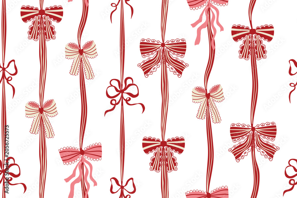 Fototapeta premium Red and pink coquette lace bows, hand drawn ribbons seamless pattern. Vector vertical striped vintage background, print, Christmas holiday wallpaper, textile design, wrapping paper, fashion, fabric.