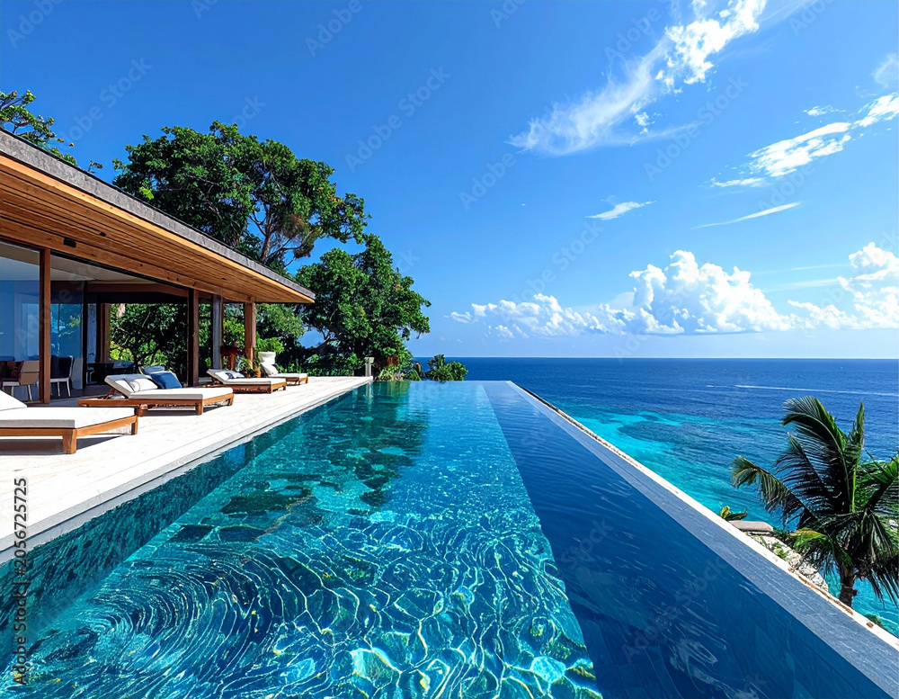 Fototapeta premium Illustration Minimalist luxury resort villa with an infinity swimming pool overlooking the calm blue ocean