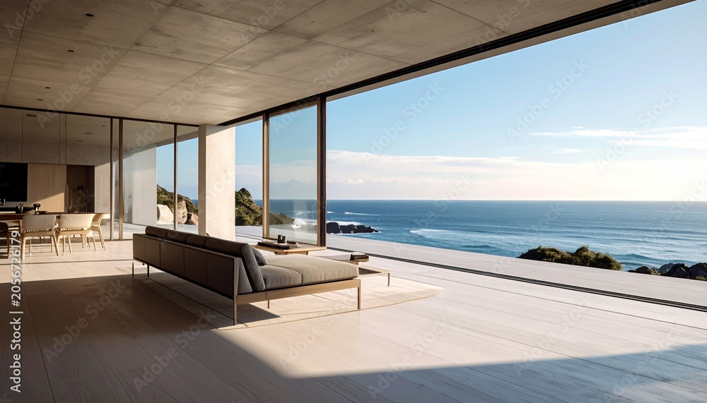 Fototapeta premium Illustration Minimalist luxury resort villa with an infinity swimming pool overlooking the calm blue ocean