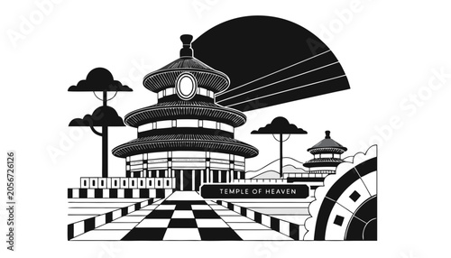 Φωτογραφία Very beautiful black-and-white engraved vector illustration featuring the TEMPLE OF HEAVEN in Beijing, China, with iconic circular architecture and a decorative label reading TEMPLE OF HEAVEN