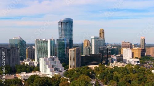 Urban Atlanta cityscape of Buckhead uptown with modern corporate and residential skyscraper buildings. Aerial view of big American city architecture.
