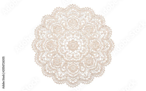 Foto Round vintage crochet lace doily isolated, delicate ivory handmade textile desig