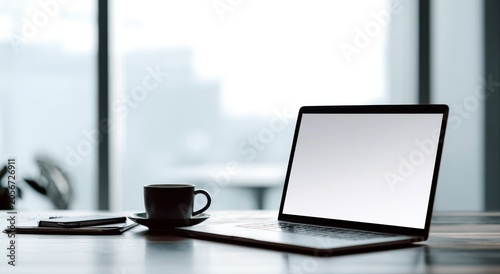 A laptop computer sitting on a desk next to a cup of coffee close up detail view natural lighting co