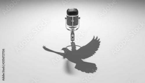 Silver retro microphone casting shadow of bird taking flight on plain white surface.
