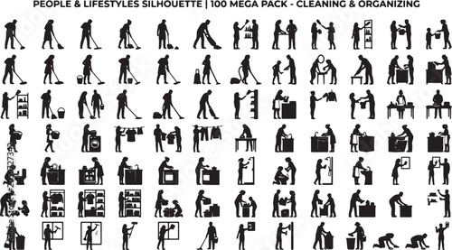 Billede på lærred 100 Mega Pack People & Lifestyles Silhouette Icons: Cleaning & Organizing Vector