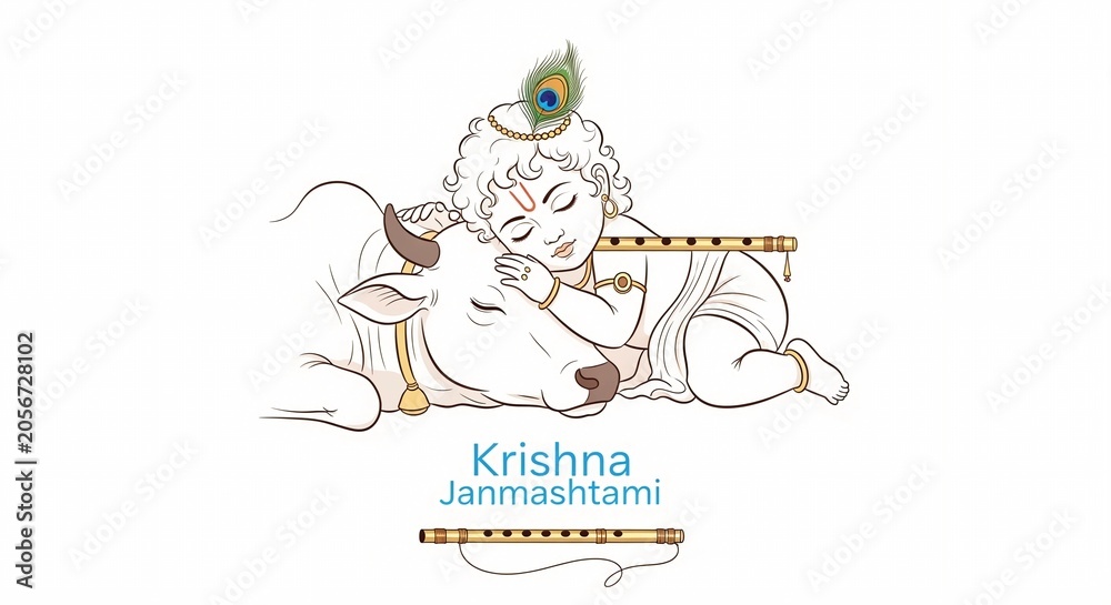 Fototapeta premium Little baby Krishna sleeping peacefully next to a gentle white cow with a peacock feather and a golden flute in a beautiful minimalist line art style