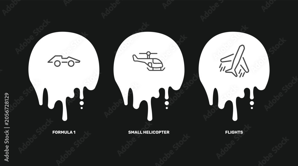 Naklejka premium transportation icon set with formula 1, small helicopter, flights signs in flat outline style