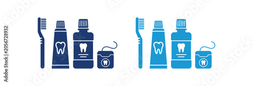 Flat vector illustration of dental hygiene products including toothbrush toothpaste tube mouthwash bottle and dental floss in blue colors isolated on white background