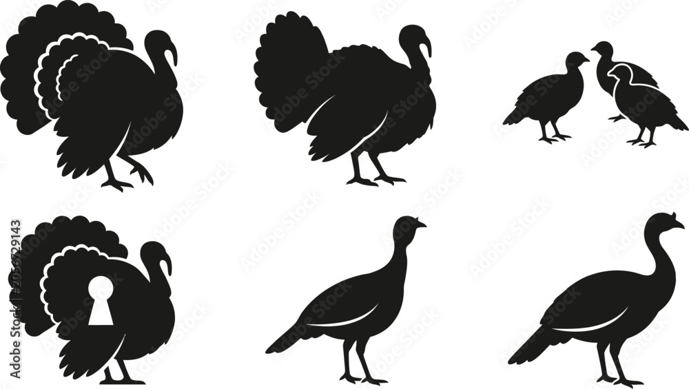 Fototapeta premium Turkey silhouettes collection thanksgiving farm animals wildlife graphics