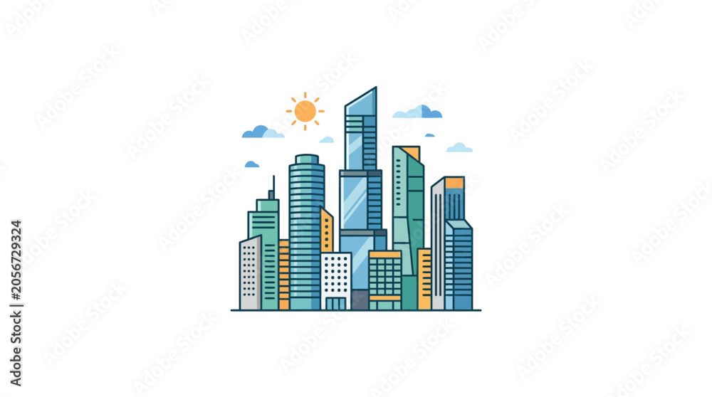 Obraz premium Modern Cityscape Illustration with Tall Buildings, Sun, and Clouds