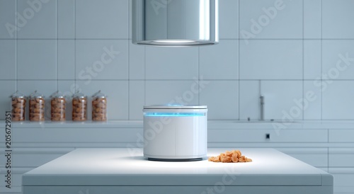A white kitchen countertop with a white cylindrical object and a pile of food on it with jars and a