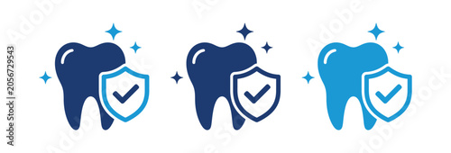 Set of three dental protection icons featuring a blue tooth with a shield and checkmark symbol representing oral health and hygiene