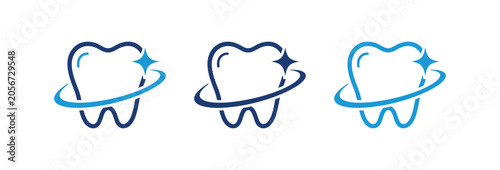A collection of three minimalist vector tooth icons featuring a protective orbit ring and a shining sparkle symbol representing dental health hygiene and professional care