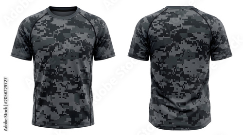 Dark grey and black digital camouflage t-shirt shown from front and back with short sleeves and crew neck on a white background for product showcase