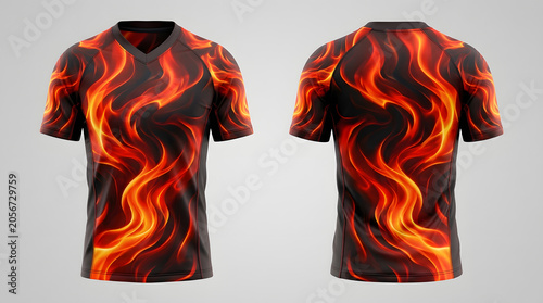 Flame patterned black short sleeve shirts with orange and yellow fire design on fabric for men in v neck and crew neck styles.