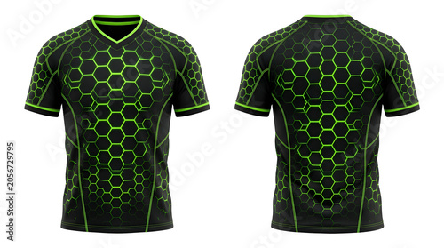 Black and neon green soccer jersey with honeycomb pattern on white background shown from front and back
