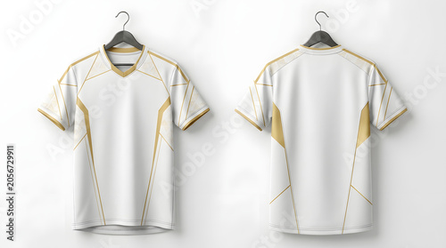 White and gold soccer jerseys on hangers showing front and back