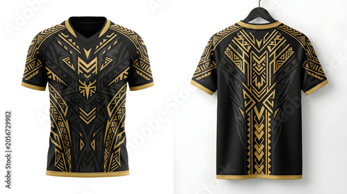 Black and gold tribal print t shirts on white background