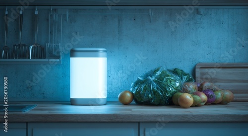 a blue light on a kitchen counter next to a bag of vegetables and potatoes close up detail view natu