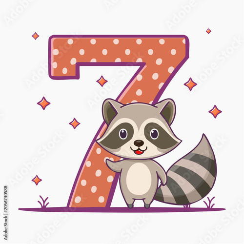 Cute Raccoon Character with Number 7
