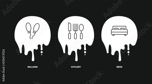 hotel and restaurant icon set with balloon, cutlery, beds signs in flat outline style