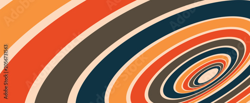 Retro 70s abstract background with concentric rainbow curves and concentric tunnels